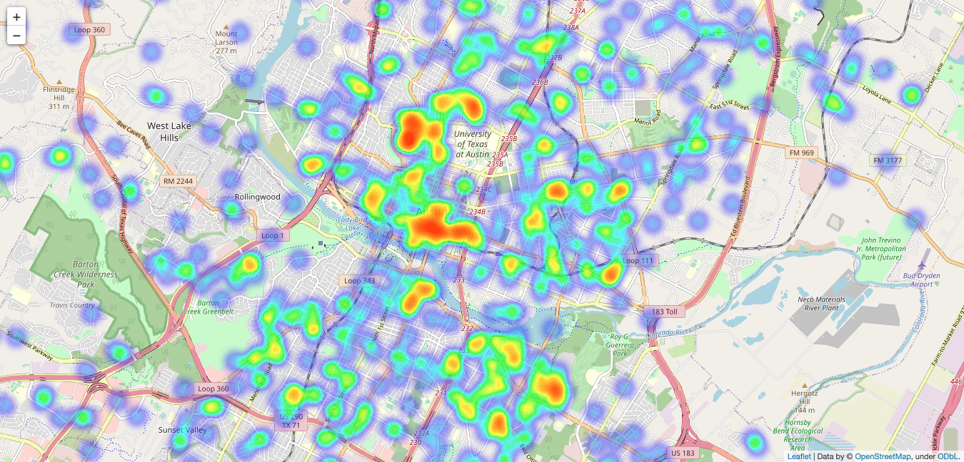Heatmap of broken water pipe incident reports in Central Austin